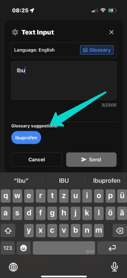 Glossary term auto-filled in text input