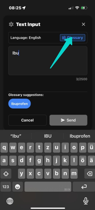 Glossary button in conversation interface