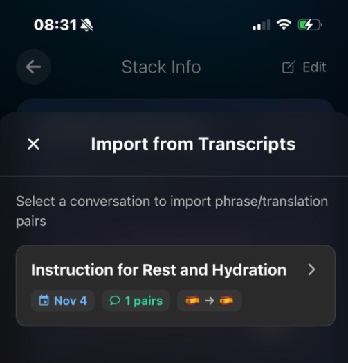 Import from transcripts screen