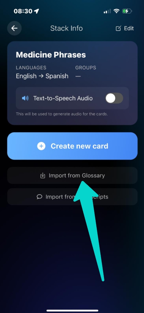 Learning screen setup for glossary import
