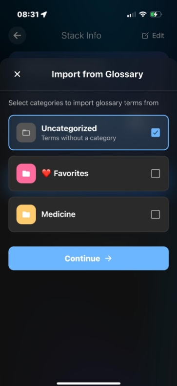 Import from glossary interface