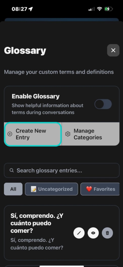 Glossary management screen
