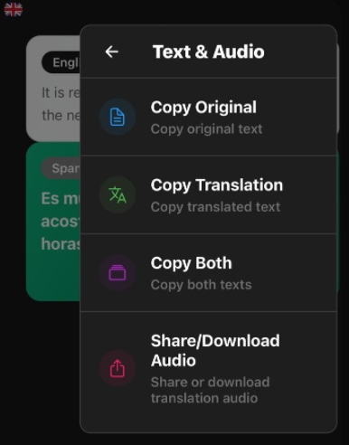 Text & Audio menu showing sharing options